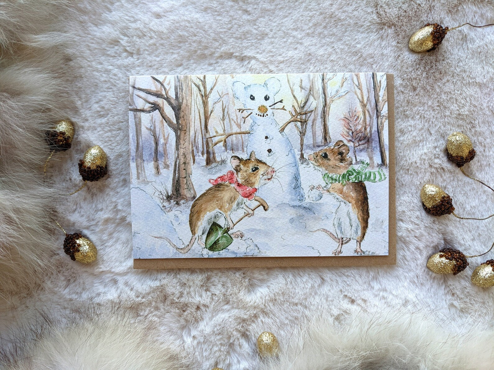Back view of the Jessica Kendrew Christmas Mice Snowman card, showcasing the high-quality textured cardstock and kraft envelope.