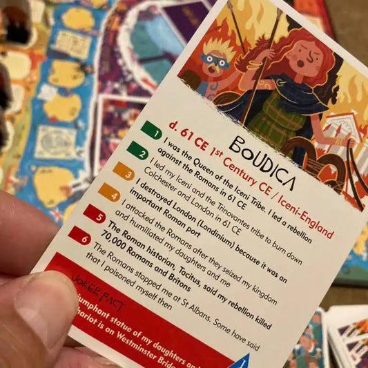 History Heroes game card with facts about Boudica