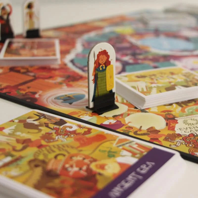 History Heroes Board Game A Race In Time, illustrated family game with hero tokens, educational, made in the UK.