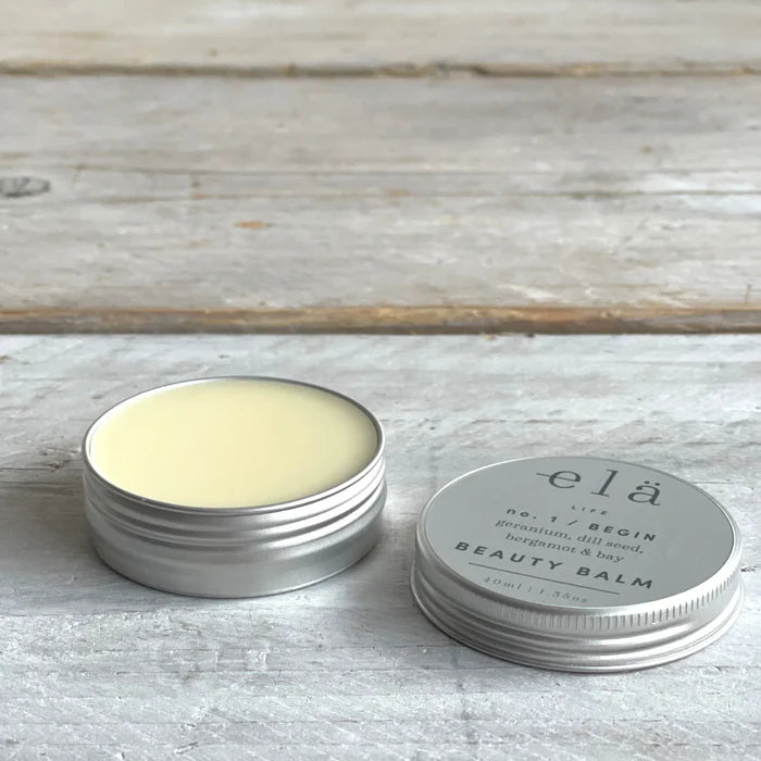 Begin No 1 Beauty Balm by Ela Life. Natural ingredients contained in a recyclable silver tin. Small enough to carry in a bag.