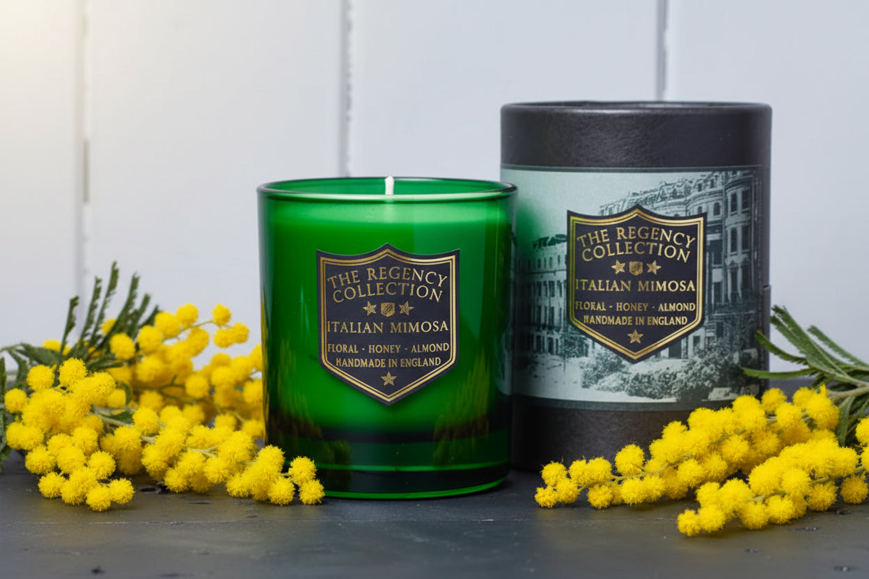 Parkminster Italian Mimosa Scented Candle in green glass vessel, showcasing the luxury natural soy wax candle with floral, honey and almond fragrance.