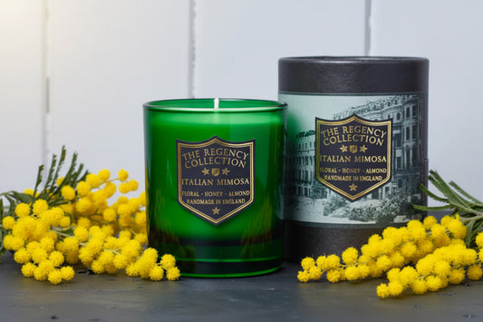 Parkminster Italian Mimosa Scented Candle in green glass vessel, showcasing the luxury natural soy wax candle with floral, honey and almond fragrance.