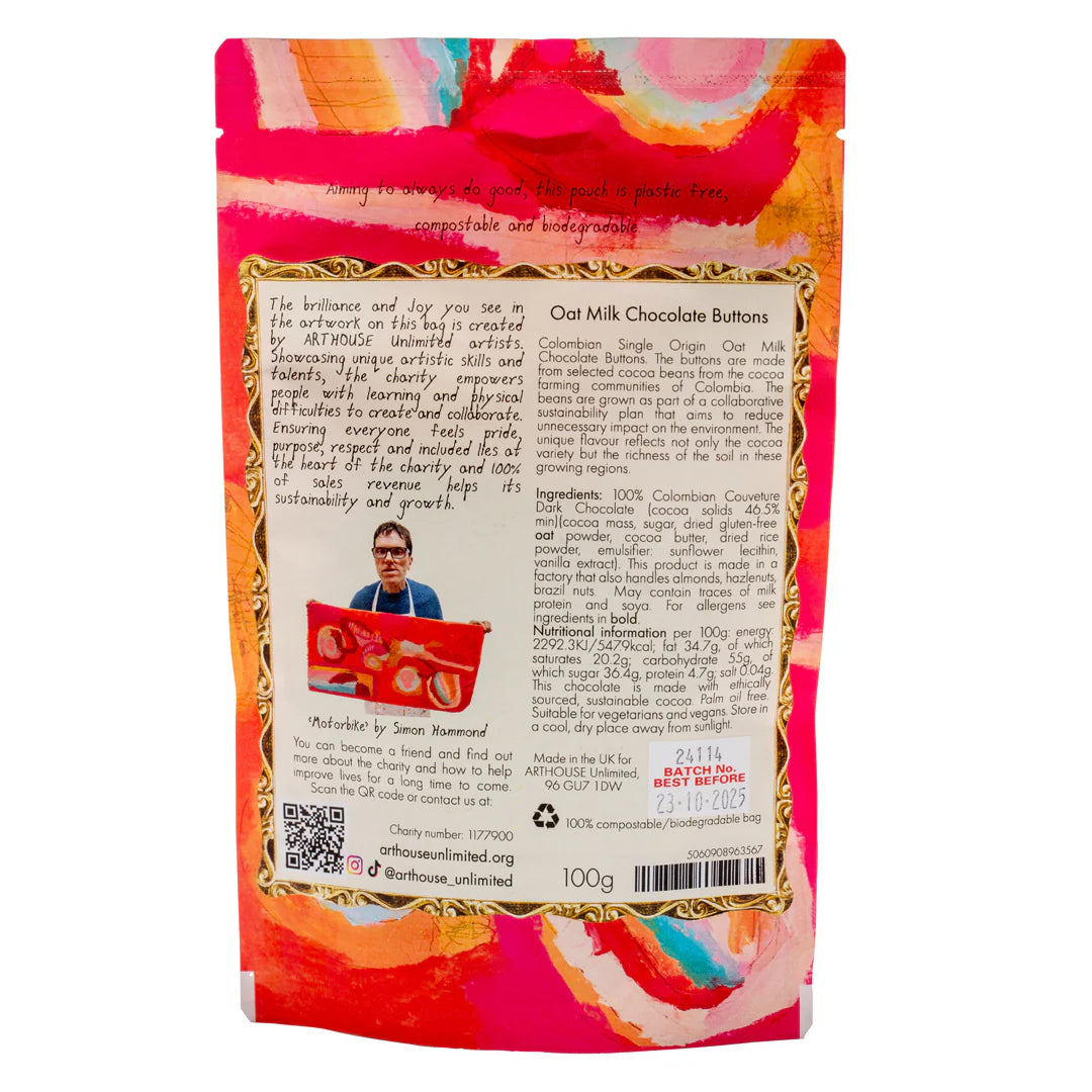 Colorful packaging of Oat Milk Chocolate Buttons with text and QR code on a white background
