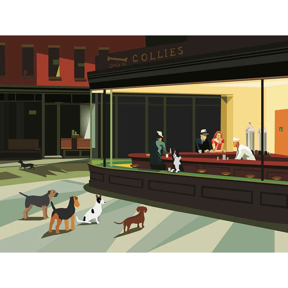 Nighthounds greeting card featuring dogs in a diner scene, inspired by Edward Hopper's Nighthawks painting
