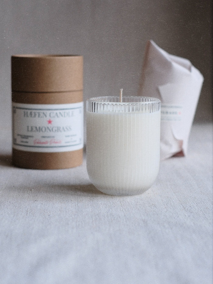 HÆFEN Lemongrass Soy Wax Candle 200g in ribbed recyclable glass, handcrafted in Cornwall