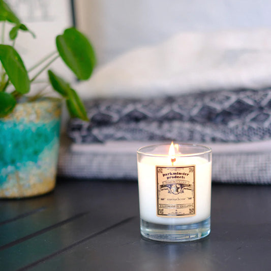 Parkminster Meadow scented soy candle in a 220g recyclable glass jar, handmade with floral, citrus, amber, and rose fragrance profile.