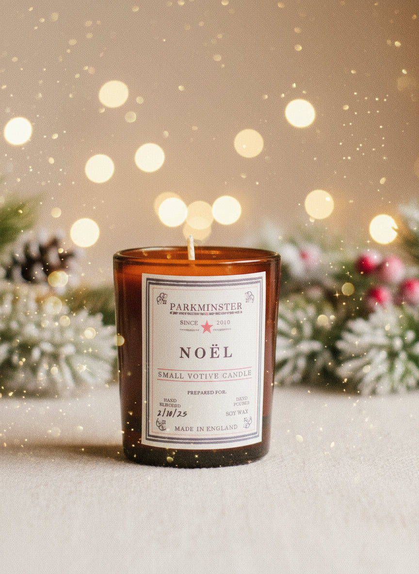 Parkminster Noel Small Votive Candle, natural soy wax, festive spice scent, eco-friendly, made in Cornwall