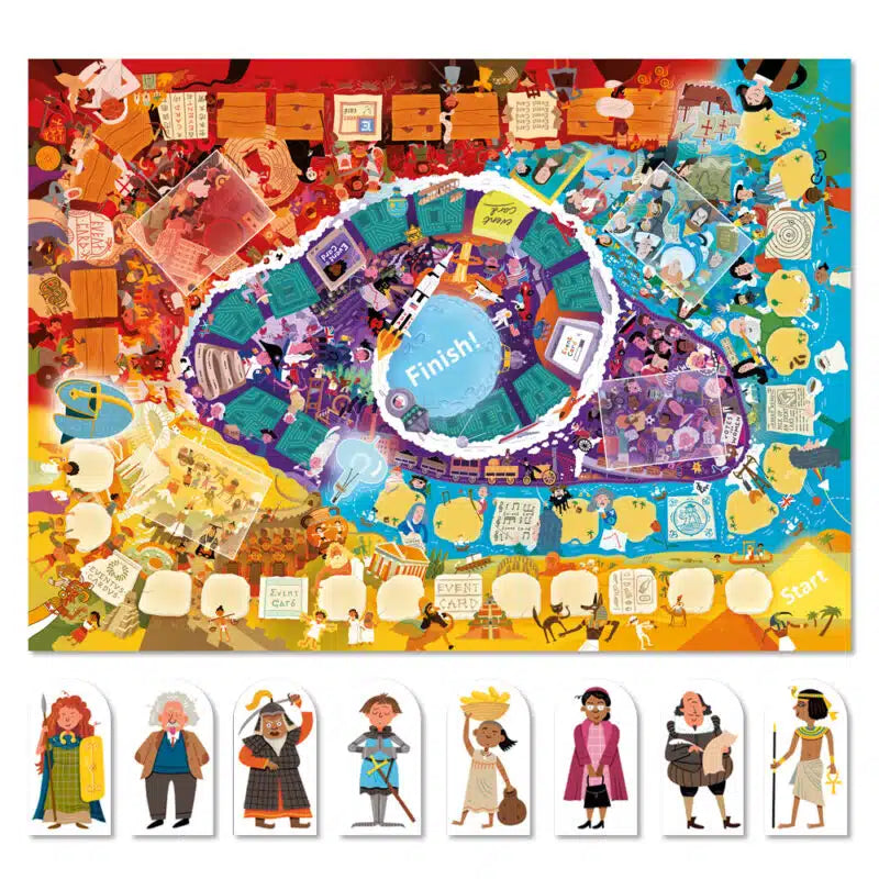 History Heroes Board Game A Race In Time, illustrated family game with hero tokens, educational, made in the UK.
