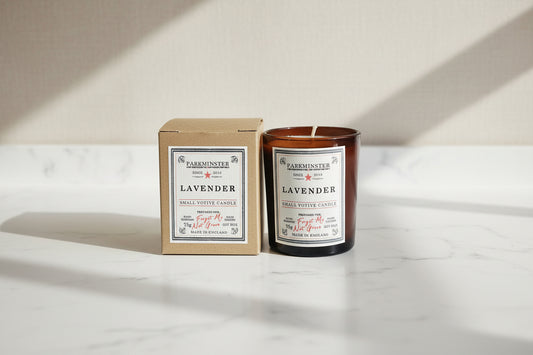 Parkminster Lavender Soy Votive Candle, 75g, in clear glass. Vegan, handmade in Cornwall with natural soy wax. Calming floral, herbal & woody aroma for relaxation.