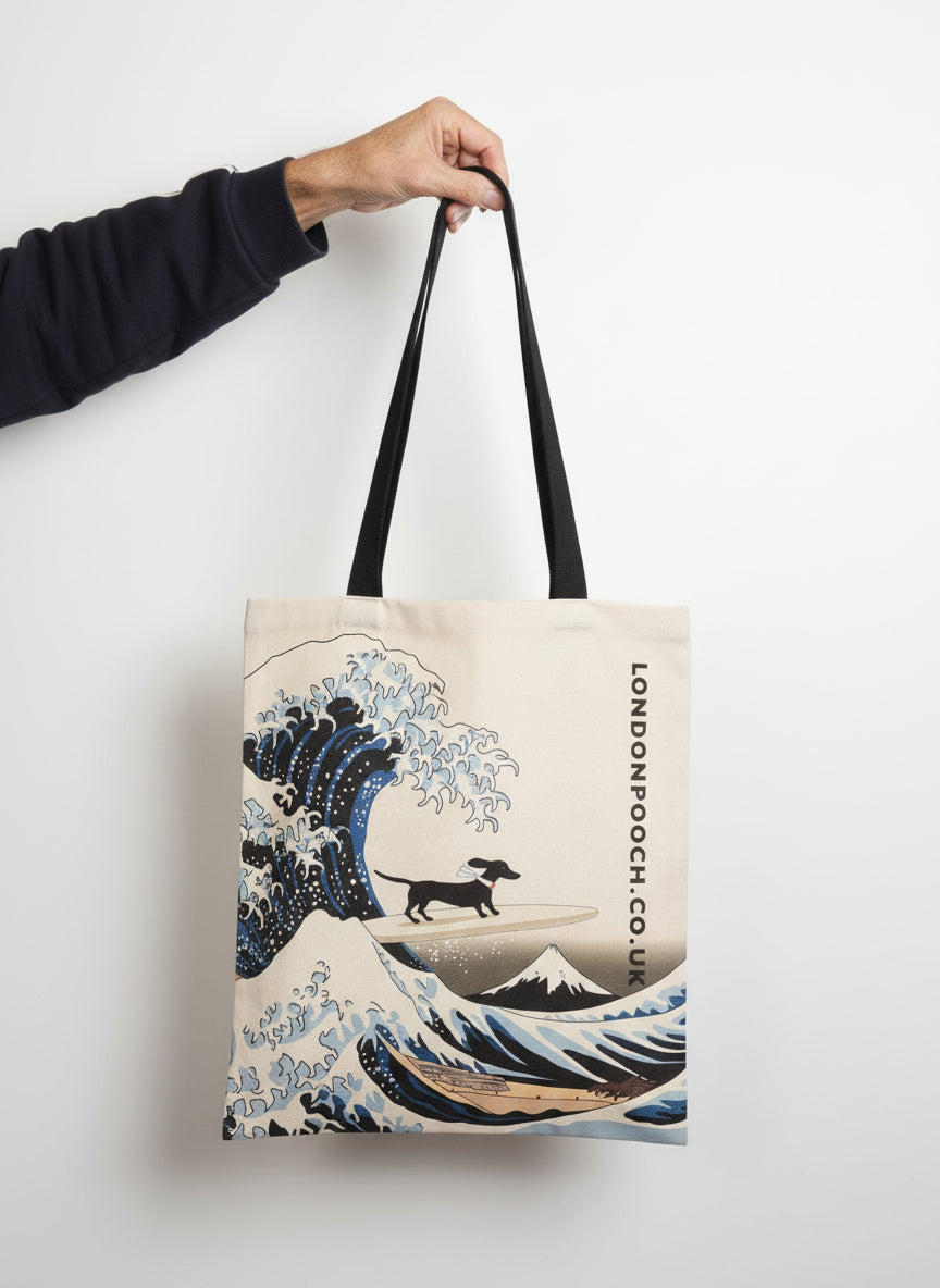 London Pooch Dachshund Wave Tote Bag, high quality cotton canvas