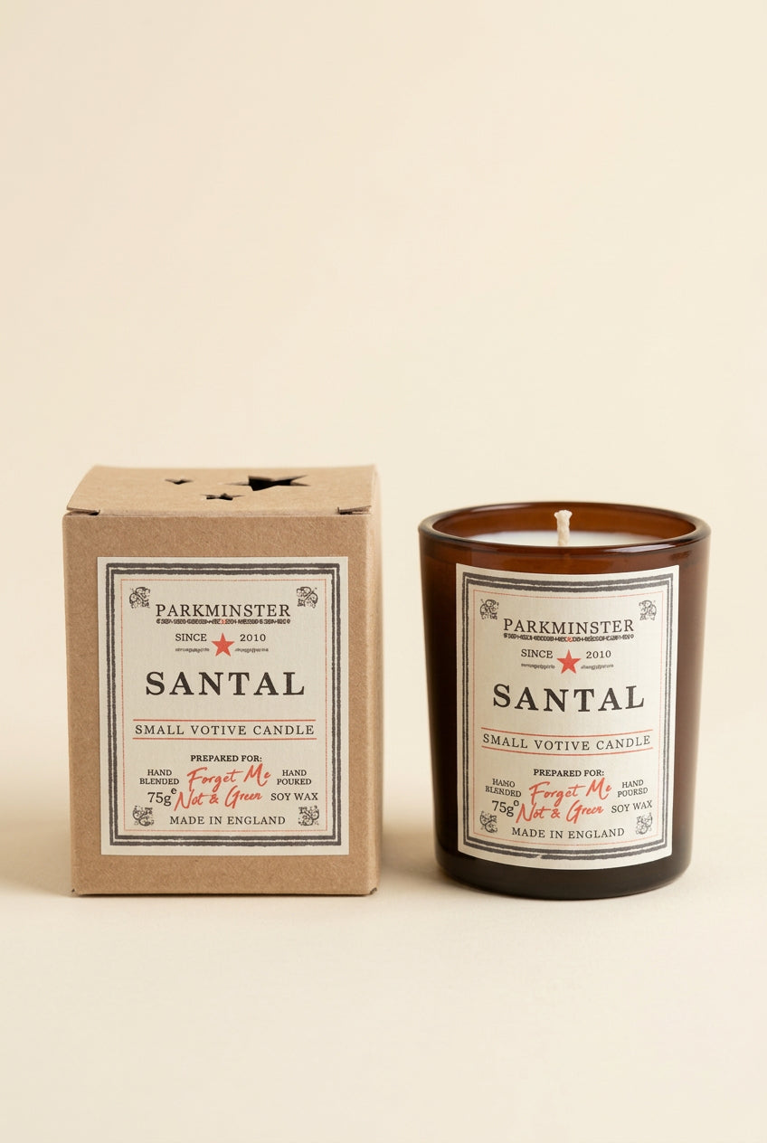 Parkminister Amber Glass Votive, Santal Candle. Hand poured in Cornwall.