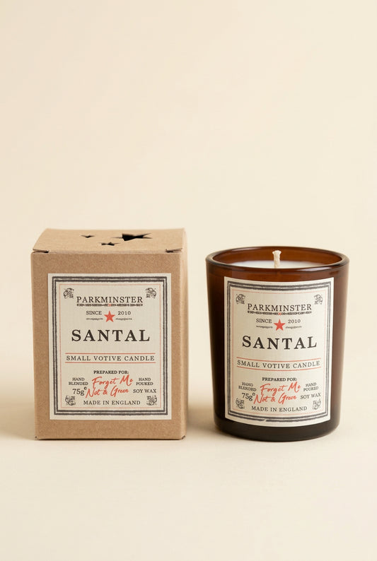 Parkminister Amber Glass Votive, Santal Candle. Hand poured in Cornwall.