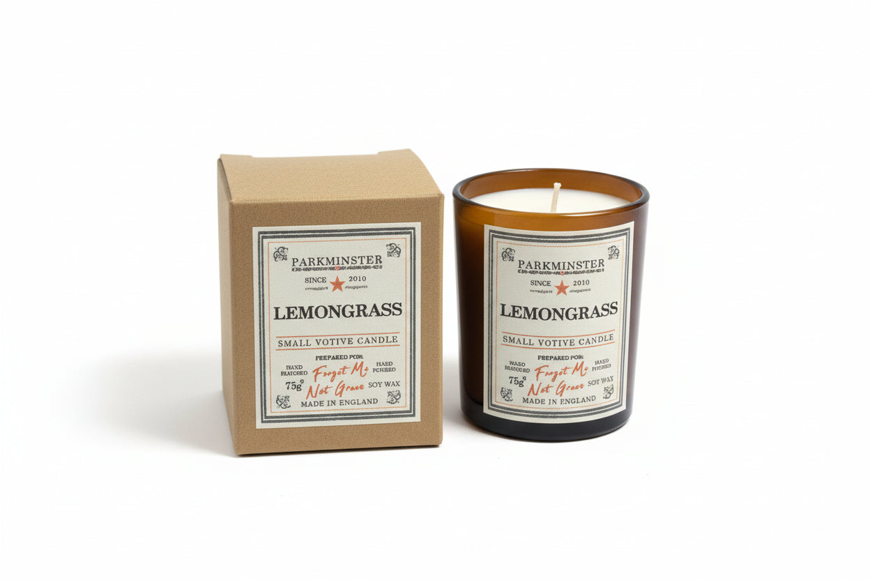 Parkminster Lemongrass Soy Votive Candle, 75g, in recyclable glass. Hand-poured in Cornwall, vegan, sustainable soy wax, pure essential oil for an uplifting home fragrance.