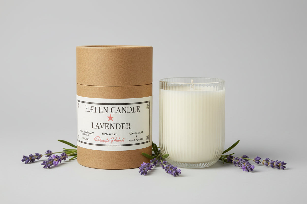 Lavender Soy Wax Parkminster Candle in a glass holder with a cardboard sleeve on a wooden surface