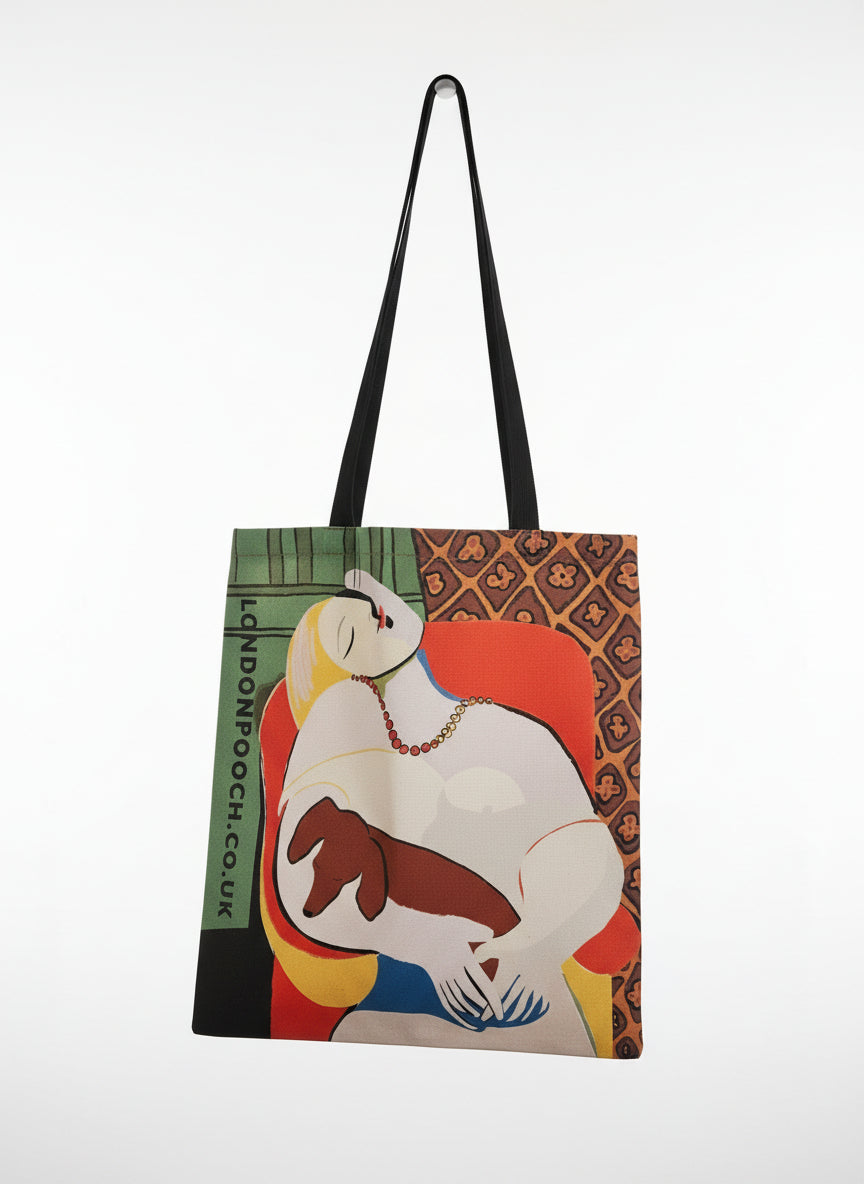 London Pooch 'The Dream' Dachshund art tote bag, featuring a playful Picasso-inspired design on 100% cotton canvas.