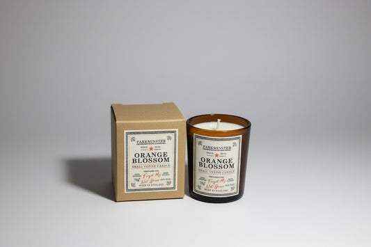 Orange Blossom Soy Votive Candle by Parkminster, 75g, in recyclable glass, featuring fresh floral and citrus notes. Sustainable, vegan, and hand-poured in Cornwall, UK.