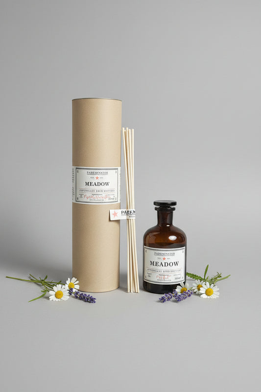 Parkminster Meadow Apothecary Glass Diffuser, with reeds and kraft cylinder packaging.