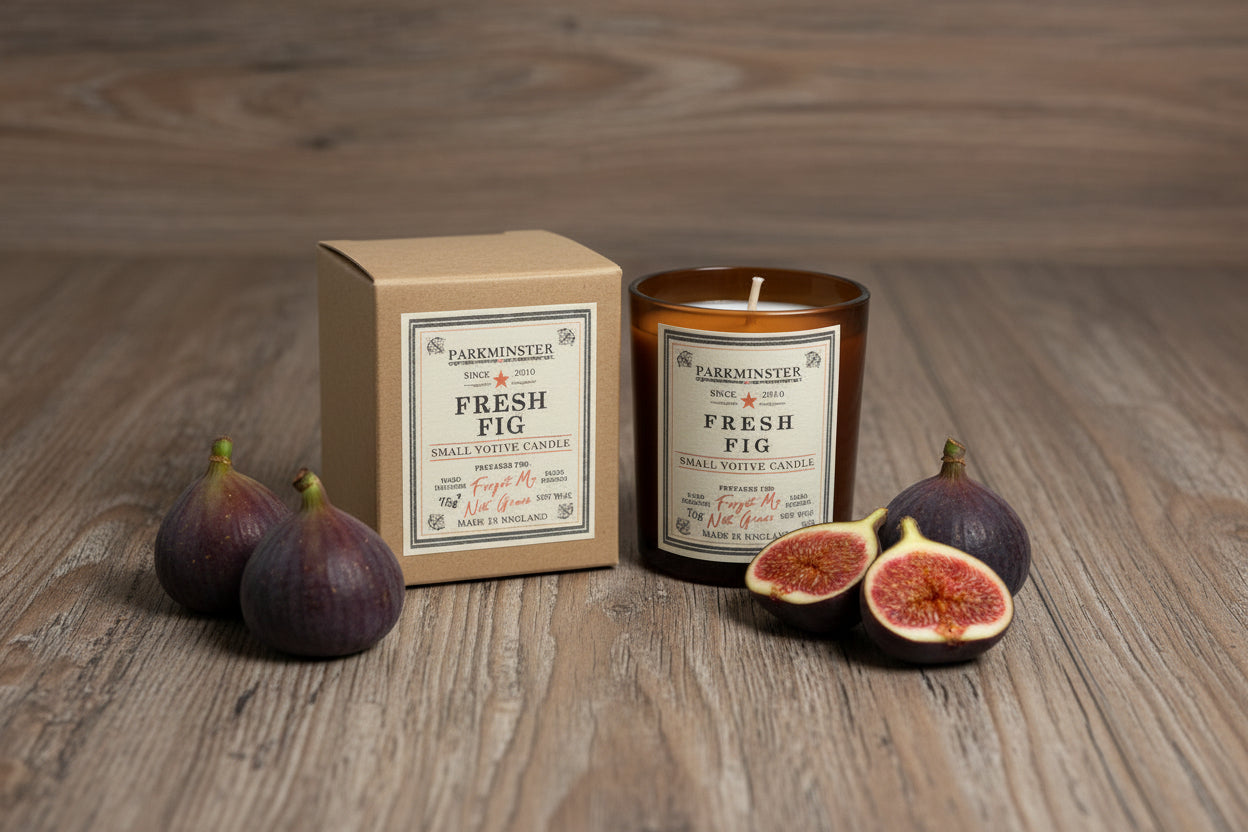 Close-up of Parkminster Fresh Fig Soy Votive Candle in recyclable glass, showing kraft box packaging, vegan home fragrance
