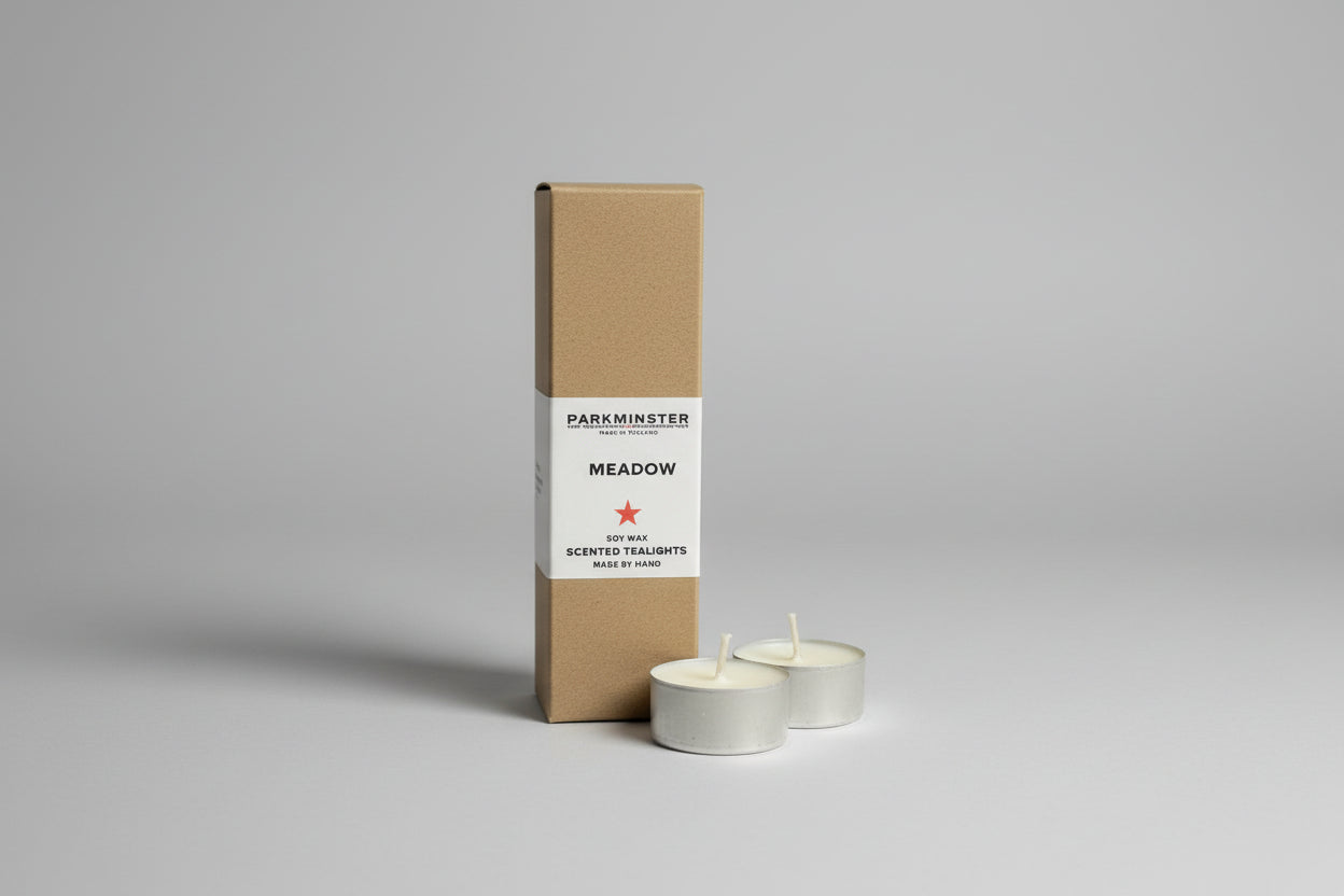 Meadow Soy Wax Tealights 8 pack, handmade in Cornwall. Recyclable aluminium, fresh citrus and white floral fragrance. Sustainable & vegan candles.