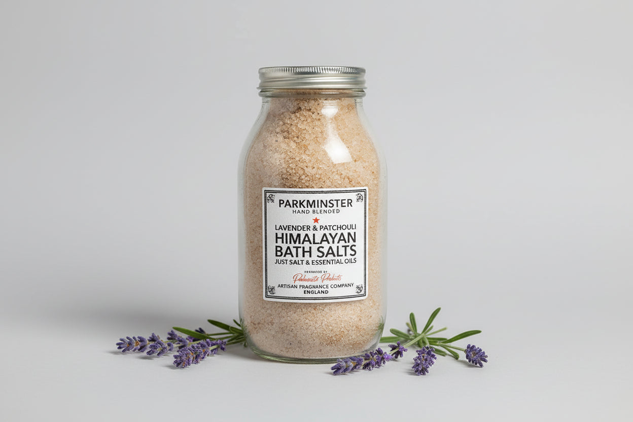 Glass jar of Lavender & Rosemary Himalayan Bath Salts and botanical essential oils.