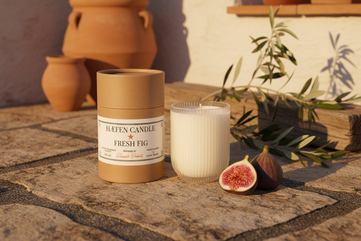 Häfen Candle Fresh Fig candle with brown paper tube packaging on a gray background