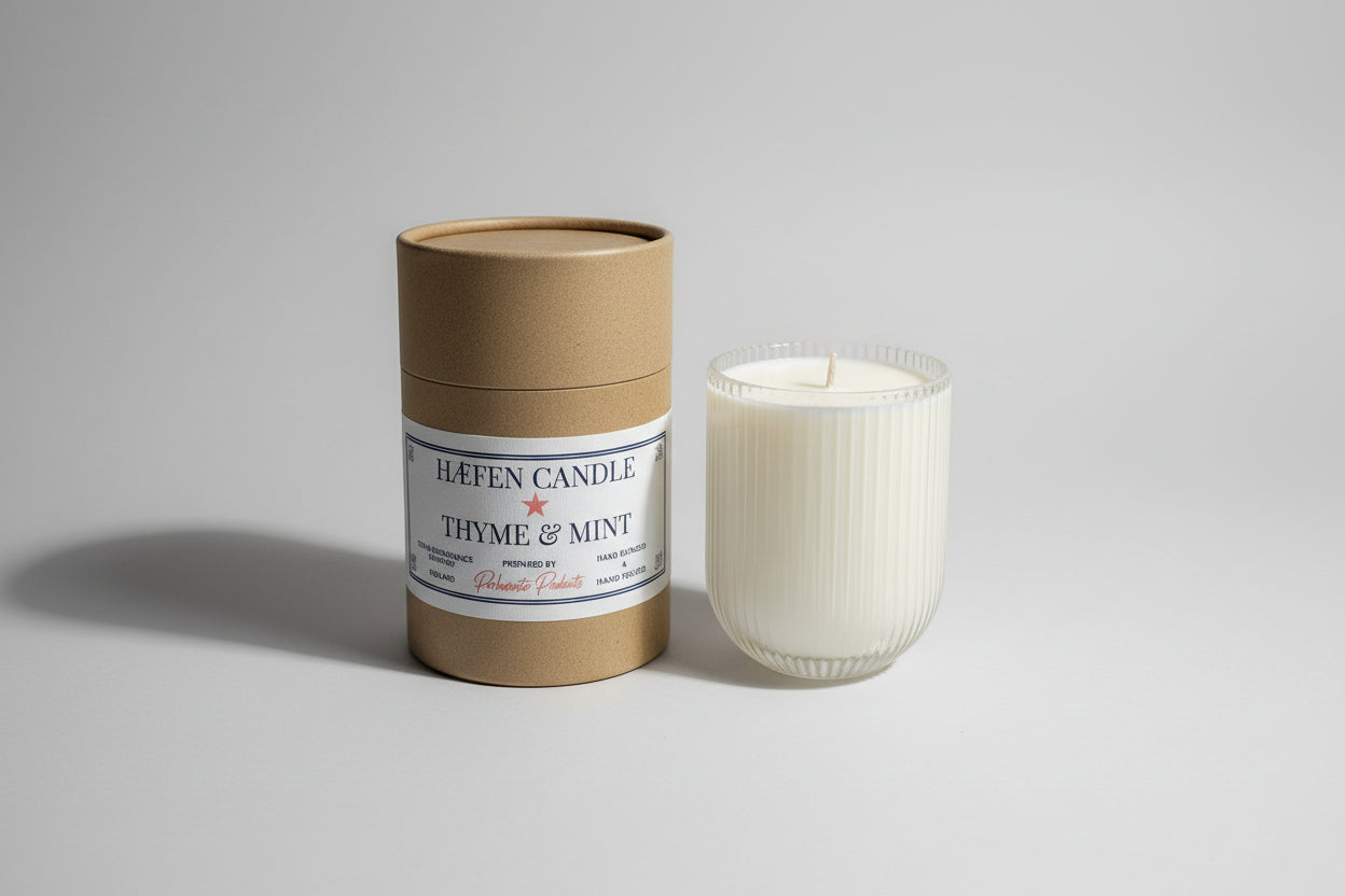 Parkminster Woodland HÆFEN Soy Wax Candle, 200g, in ribbed glass, rich thyme and mint scent, sustainably sourced soy, handmade in Cornwall