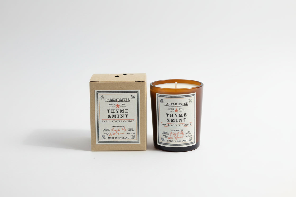 Parkminster Thyme & Mint Soy Votive Candle, 75g, in a recyclable glass, showcasing its fresh green herbal aroma. Made with sustainably sourced soy wax, vegan, and hand-poured in Cornwall, UK.