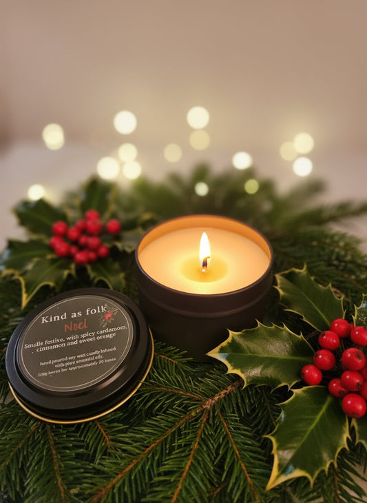 Handmade Soy Wax Christmas Noel Travel Tin Candle by Kind as Folk – Festive scent with orange, cinnamon & cardamom, eco-friendly sustainable gift.