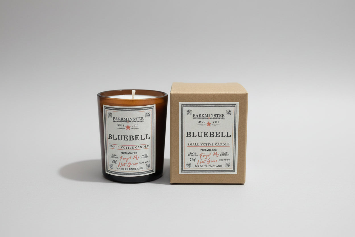 Bluebell scented soy votive candle in recyclable glass from Forget Me Not & Green. Handmade in Cornwall, vegan friendly.