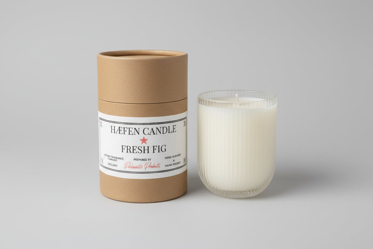 Parkminster Fresh Fig HÆFEN Soy Wax Candle, 200g, in ribbed glass, fruity and lush scents of Mediterranean orchards, sustainably sourced soy, handmade in Cornwall