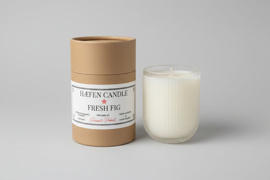 Parkminster Fresh Fig HÆFEN Soy Wax Candle, 200g, in ribbed glass, fruity and lush scents of Mediterranean orchards, sustainably sourced soy, handmade in Cornwall