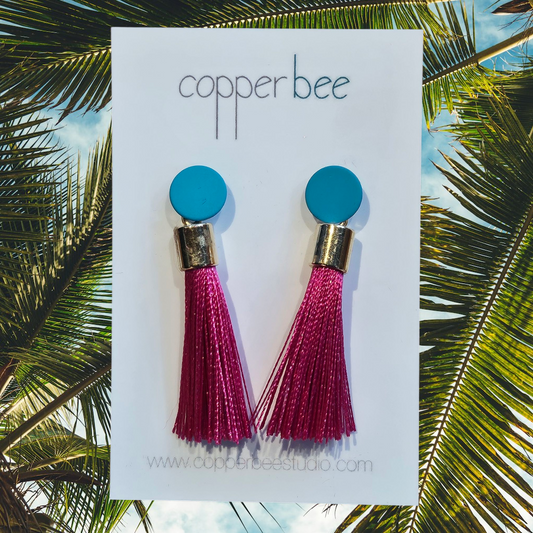 Carnival Tassel Earrings | Bright Silk & Powder-Coated Studs | Copper Bee