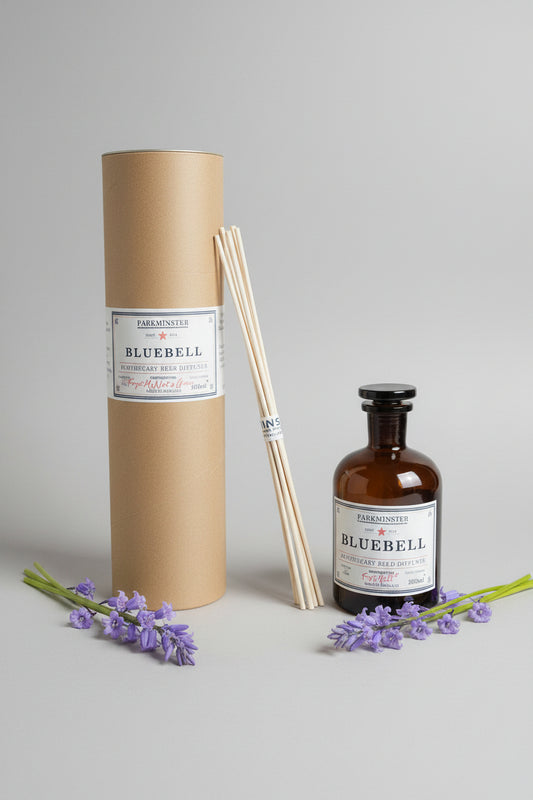 Parkminster Bluebell Apothecary Glass Diffuser, with reeds and kraft cylinder packaging.