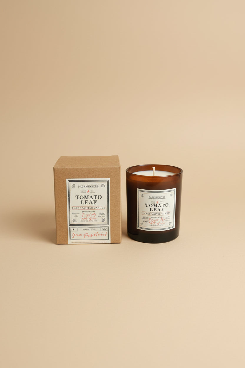 Parkminster Tomato Leaf Soy Candle 220g in clear glass jar, handmade in Cornwall, eco-friendly home fragrance.