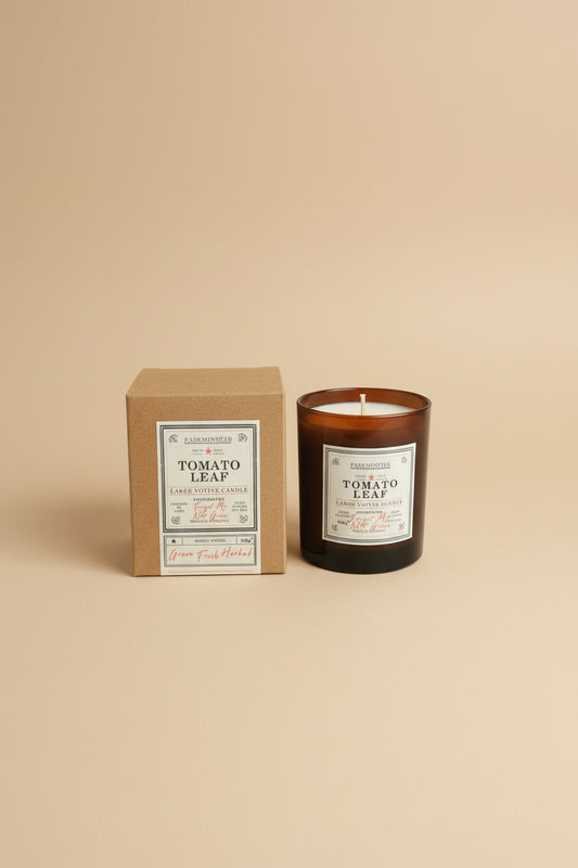 Parkminster Tomato Leaf Soy Candle 220g in clear glass jar, handmade in Cornwall, eco-friendly home fragrance.