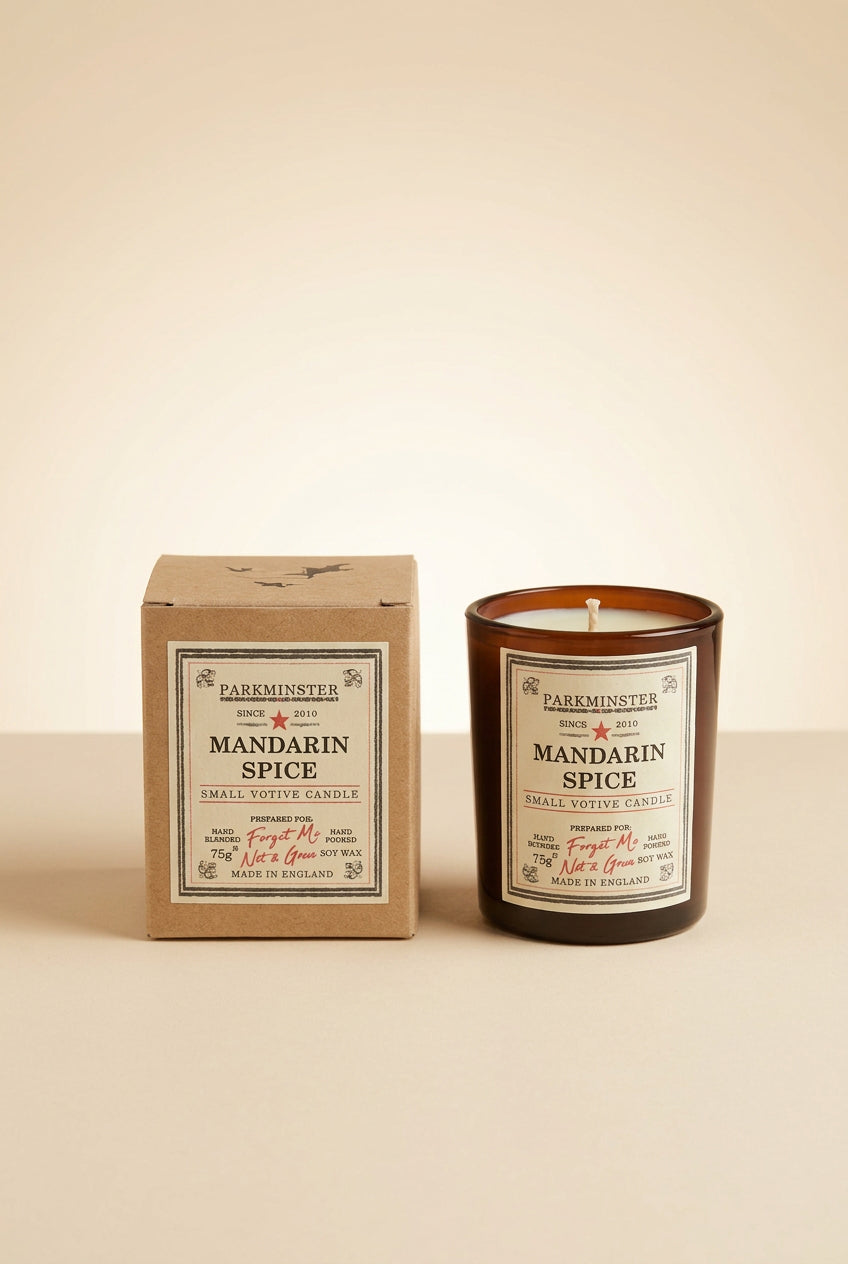 A candle in an amber glass jar labelled Parkminster MANDARIN SPICE' is shown next to its beige cardboard packaging box on a textured brown surface.