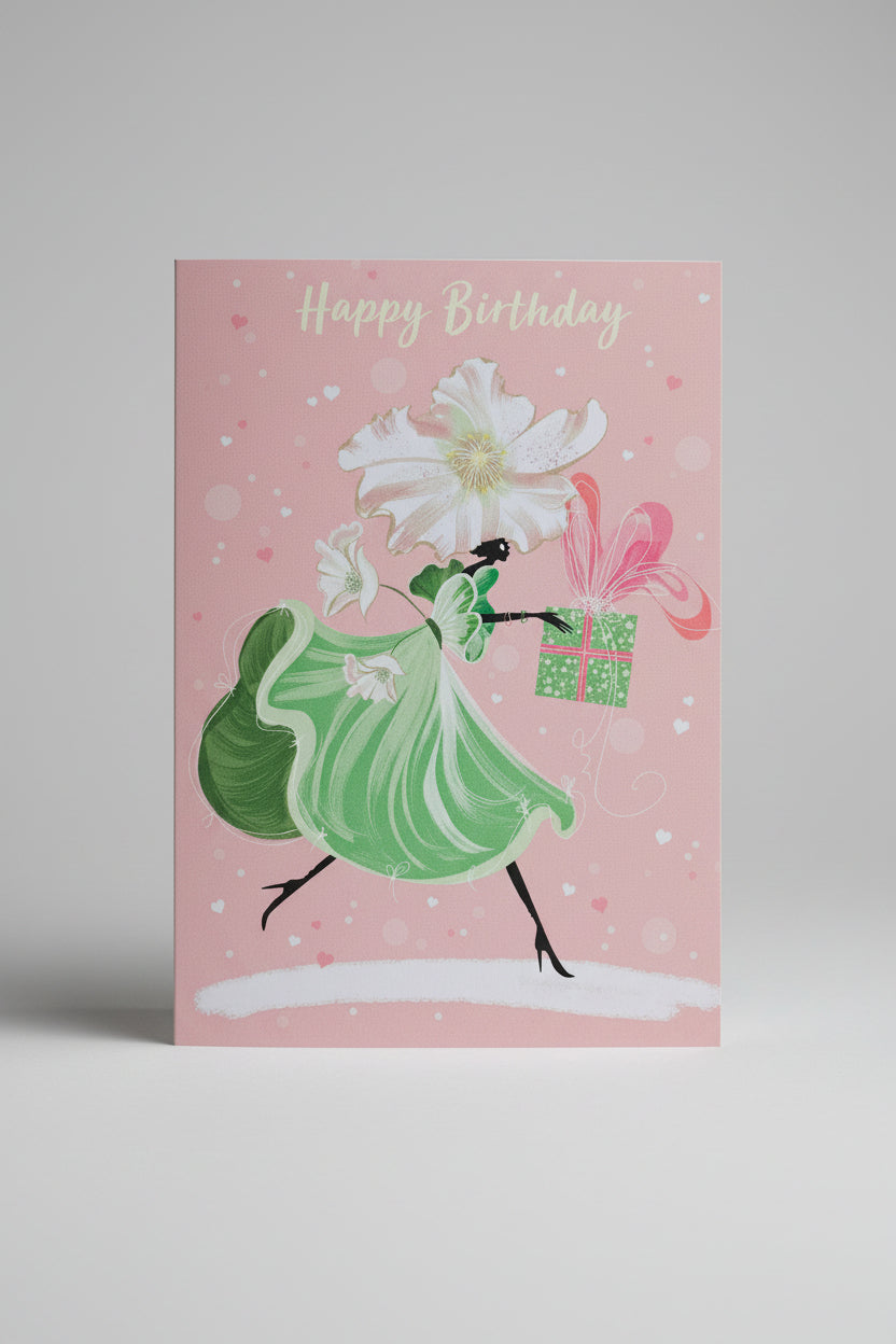 Miss Winter Rose Catwalk birthday card with flower lady design, made in the UK by Lydia.London.