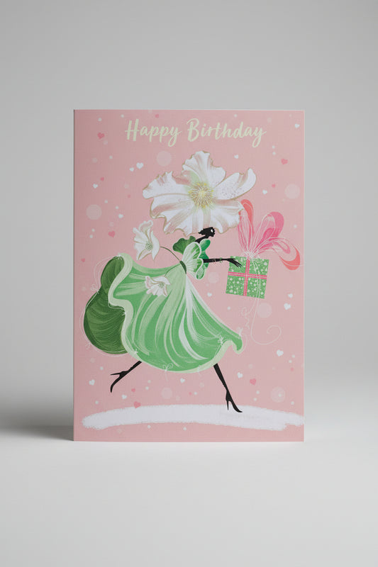 Miss Winter Rose Catwalk birthday card with flower lady design, made in the UK by Lydia.London.