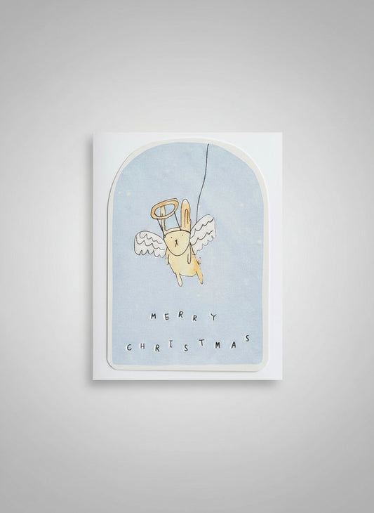 Angel Bunny Christmas Card by Laura Skillbeck, showing a cute bunny dressed as an angel on a sustainably sourced, recycled card.