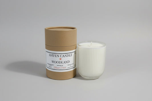 Parkminster Woodland HÆFEN Soy Wax Candle, 200g, in ribbed glass, rich oak and hickory scent, sustainably sourced soy, handmade in Cornwall