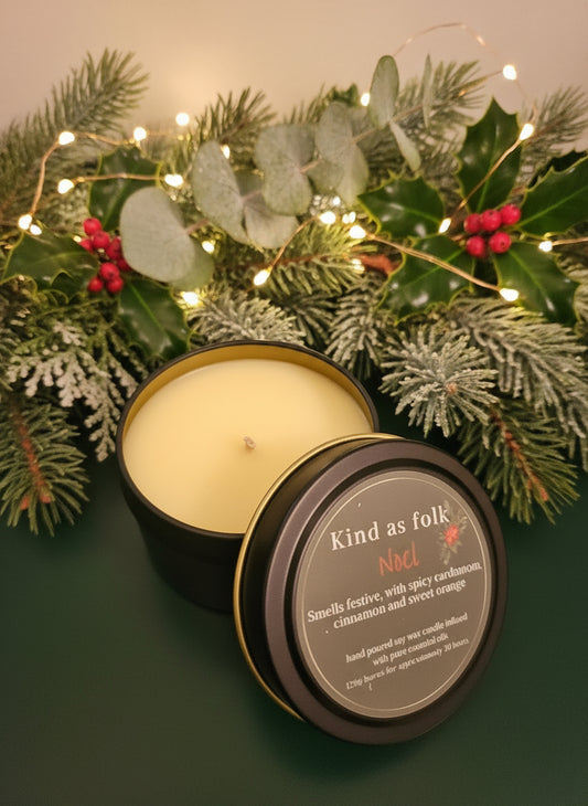 Handmade Soy Wax Christmas Noel Travel Tin Candle by Kind as Folk – Festive scent with orange, cinnamon & cardamom, eco-friendly sustainable gift.