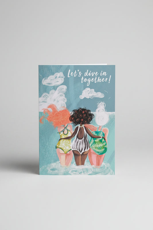 Sustainably sourced Swim Wild and Free Sea Sisters greeting card featuring three women in swimsuits