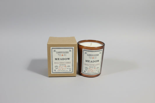Parkminster Meadow scented votive candle, 75g, made with sustainable soy wax in a recyclable glass vessel. Perfect for home fragrance.