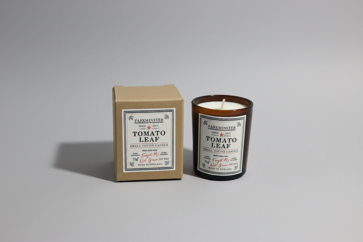 Parkminster Tomato Leaf Votive Candle, 75g, shown in recyclable glass vessel with kraft gift box