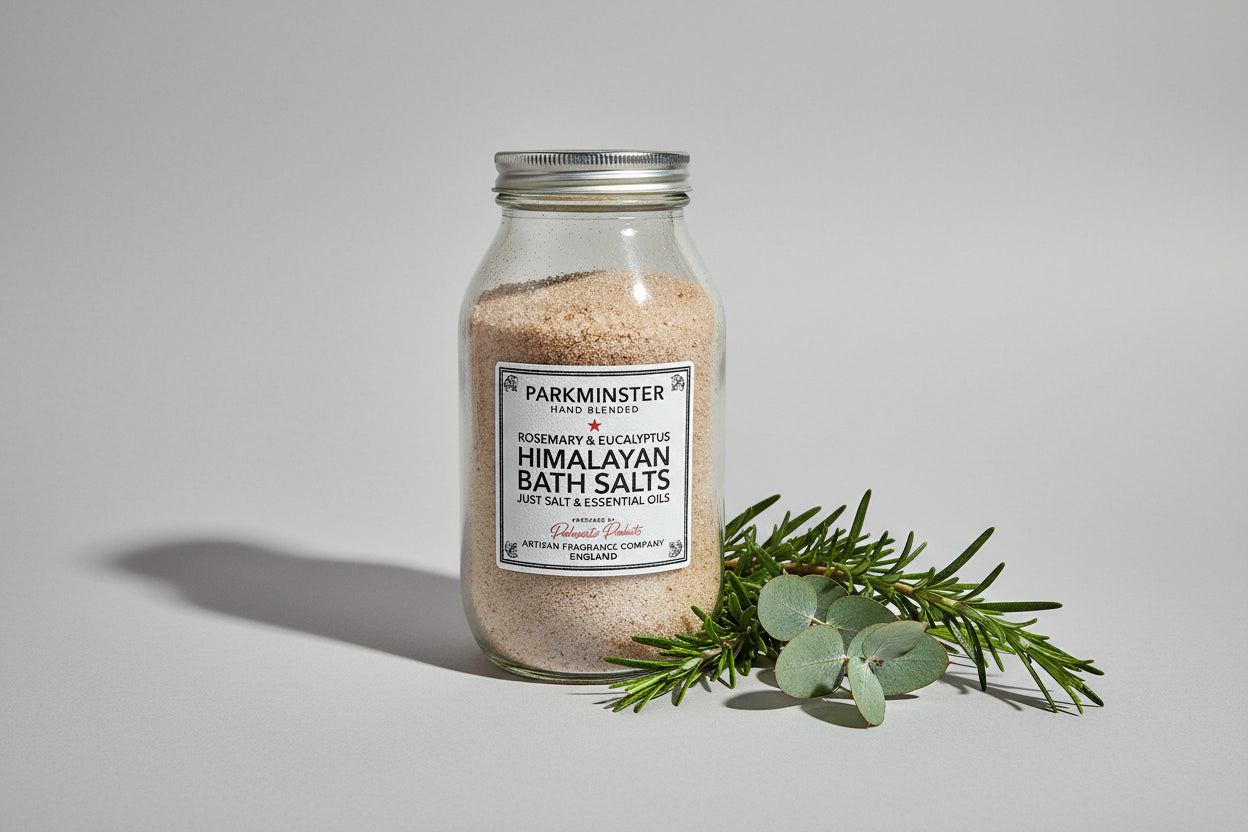 575 g jar of Rosemary & Eucalyptus Himalayan Bath Salts with pure essential oils by Parkminster. Made in Cornwall.