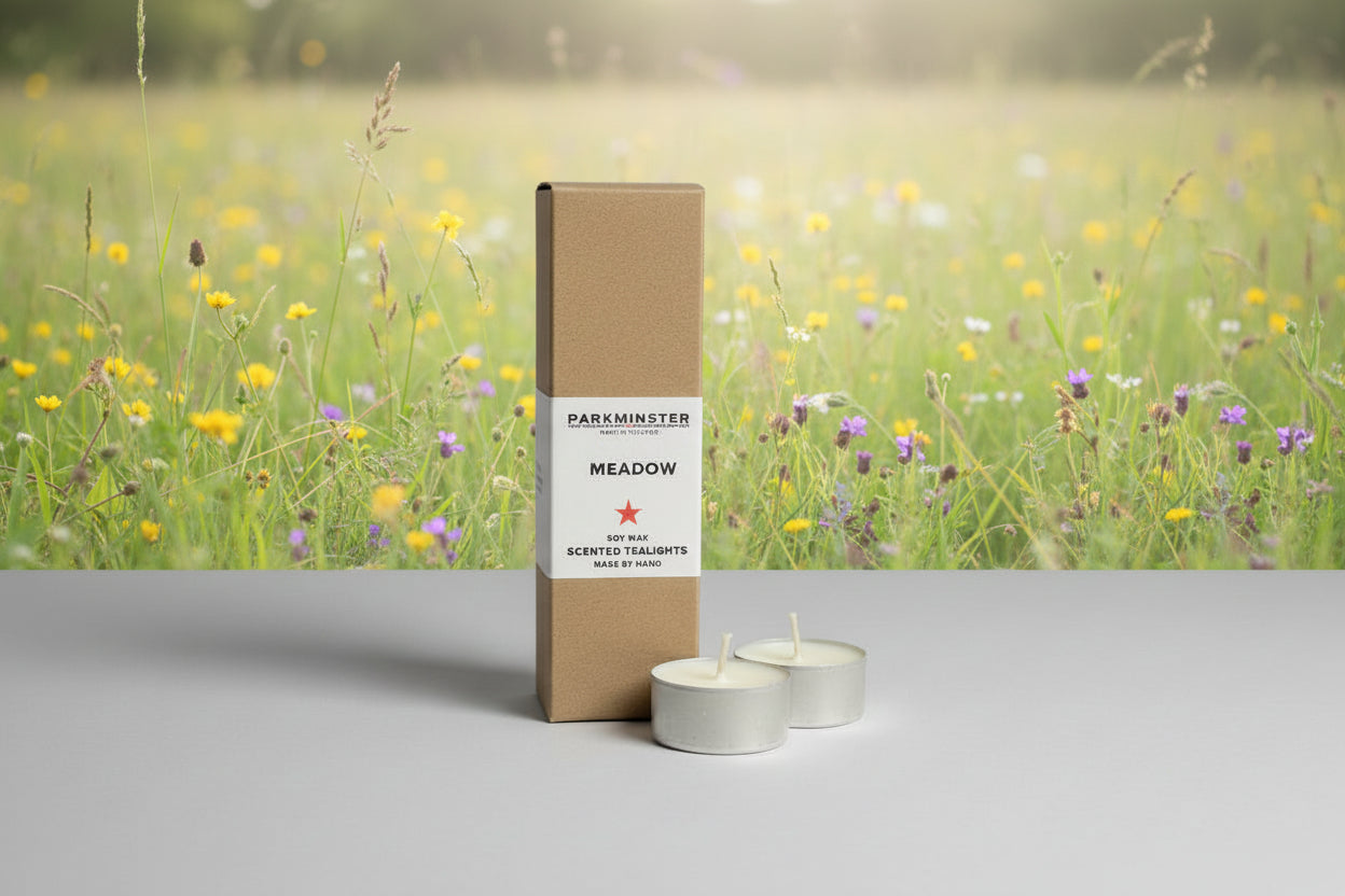 Meadow Soy Wax Tealights 8 pack, handmade in Cornwall. Recyclable aluminium, fresh citrus and white floral fragrance. Sustainable & vegan candles.