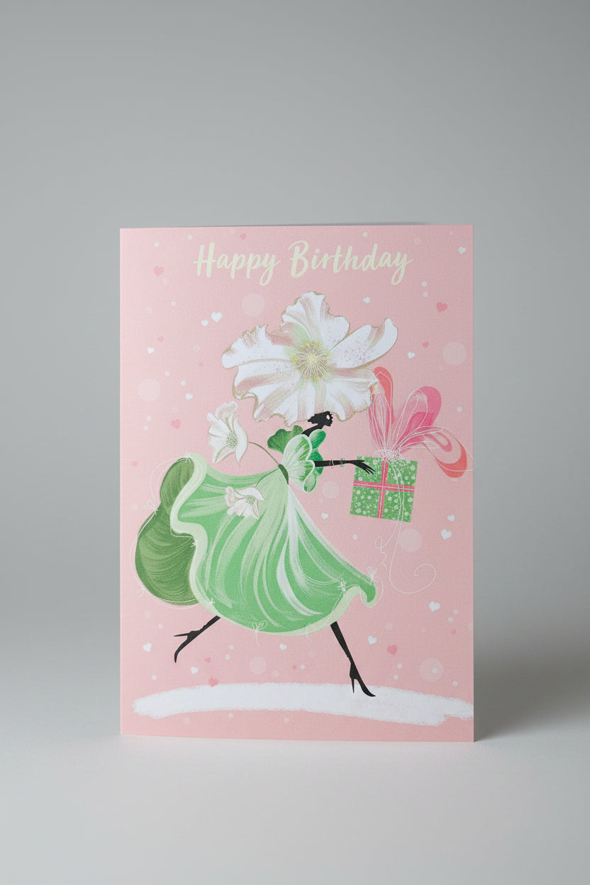 Miss Winter Rose Catwalk birthday card with flower lady design, made in the UK by Lydia.London.