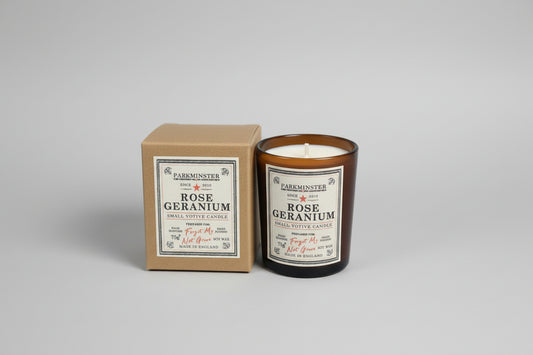 Rose Geranium scented soy votive candle in glass vessel with kraft gift box, 75g