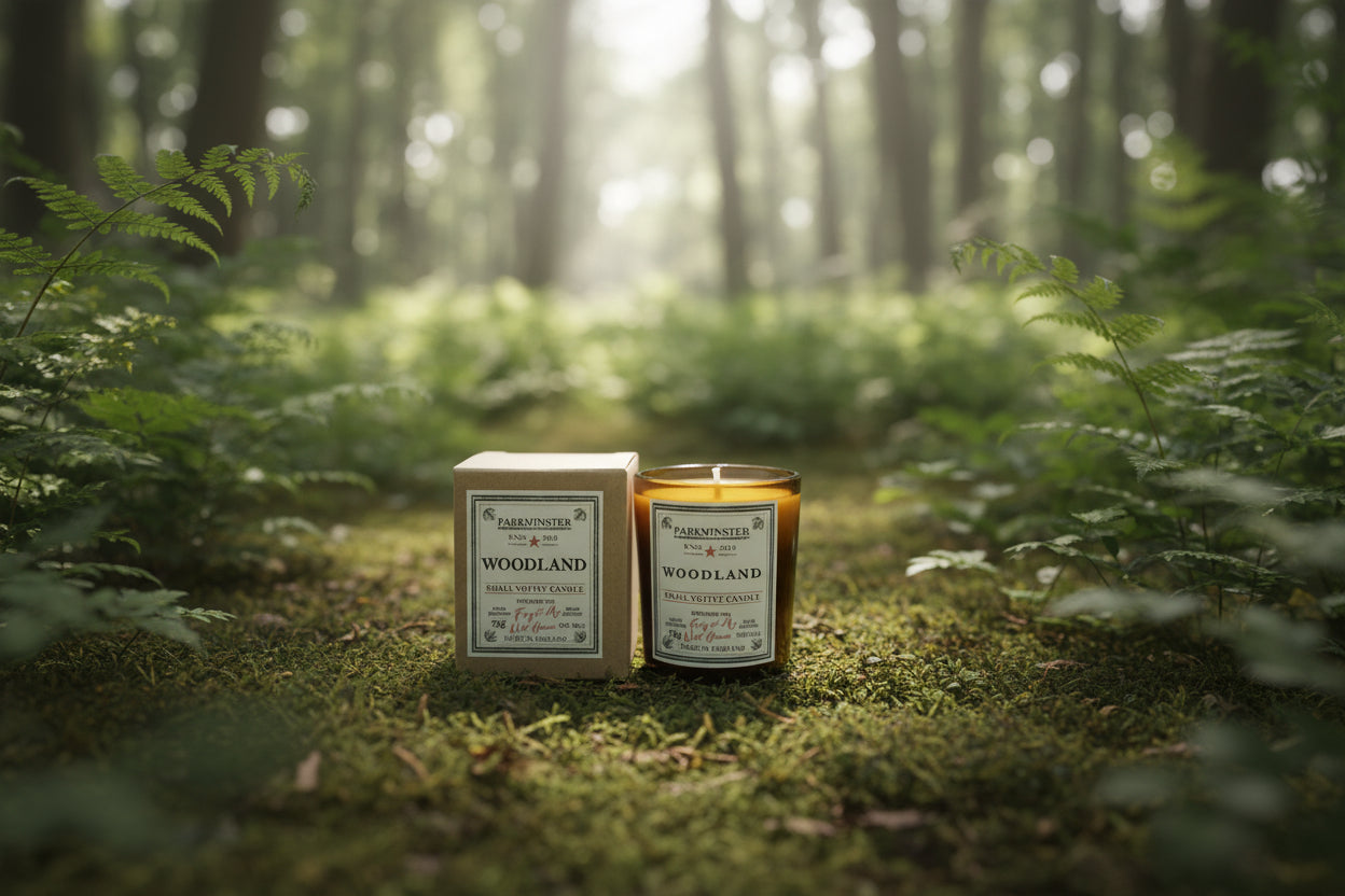 Candle in a glass jar with a label on a cardboard surface Woodland Parkminster Votive with kraft box
