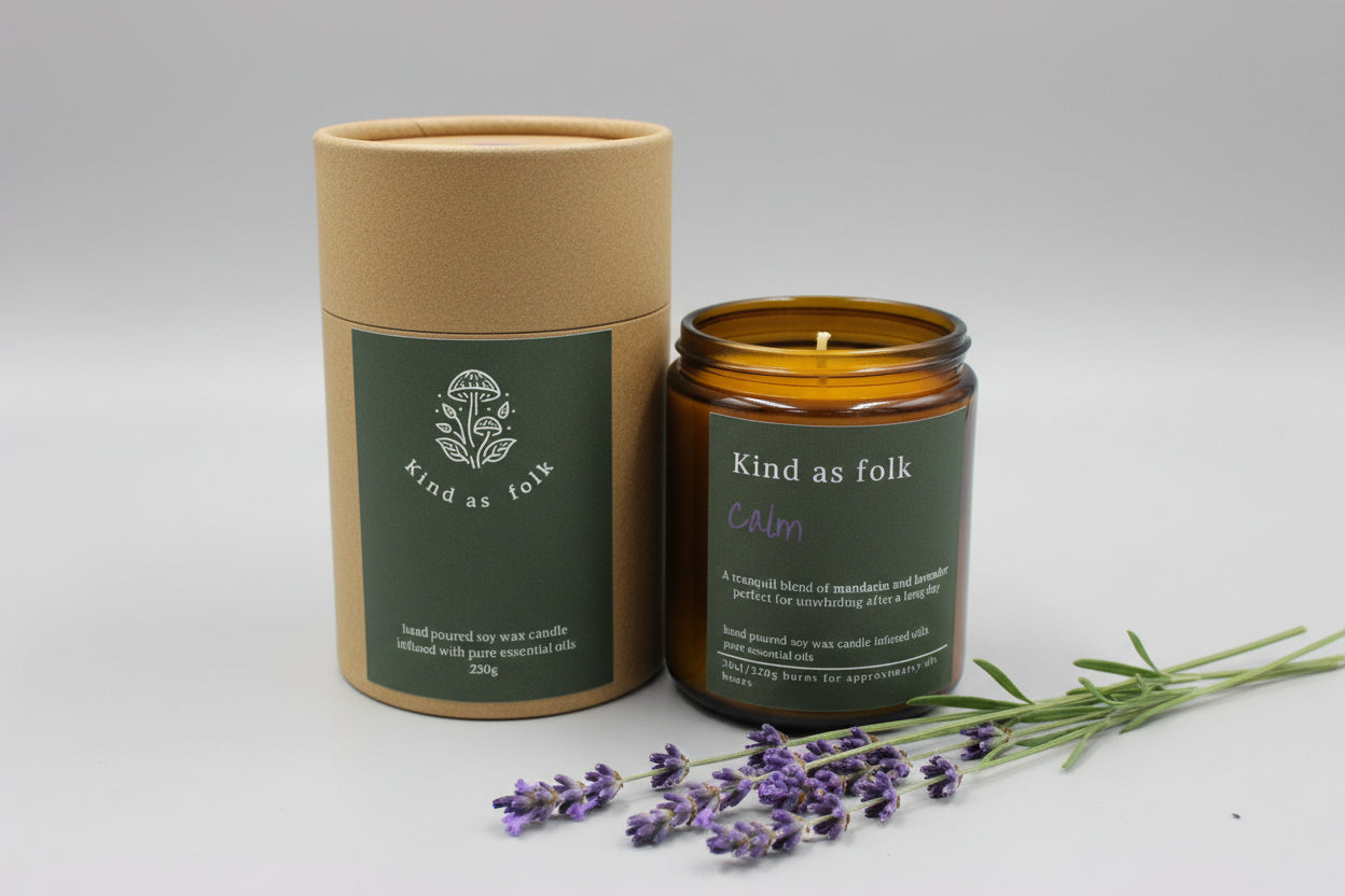 Calm Soy Wax Candle in Amber Jar with Black Lid